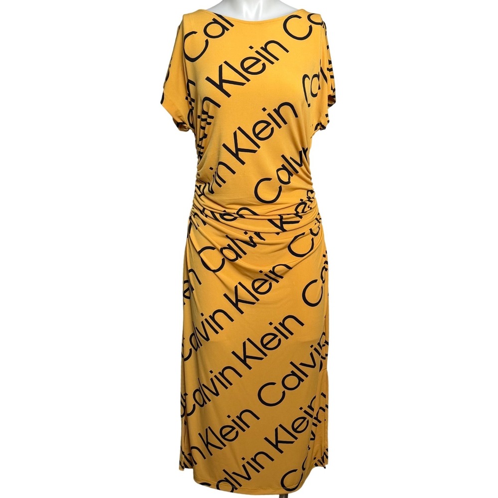 Calvin‎ Klein Yellow Logo Print Midi Dress Size 10 Ruched Bodycon Short Sleeve